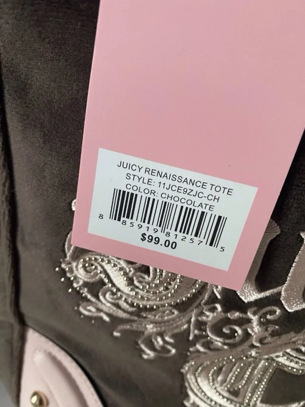 Juicy Couture Renaissance Tote In Chocolate Velvet Embroidered W/Crown Charm NEW